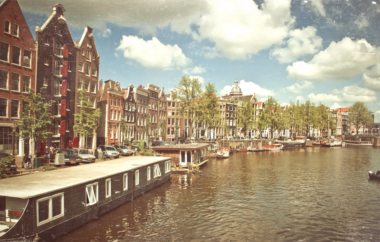 Фото обои солнце, лодки, Амстердам, канал, Amsterdam