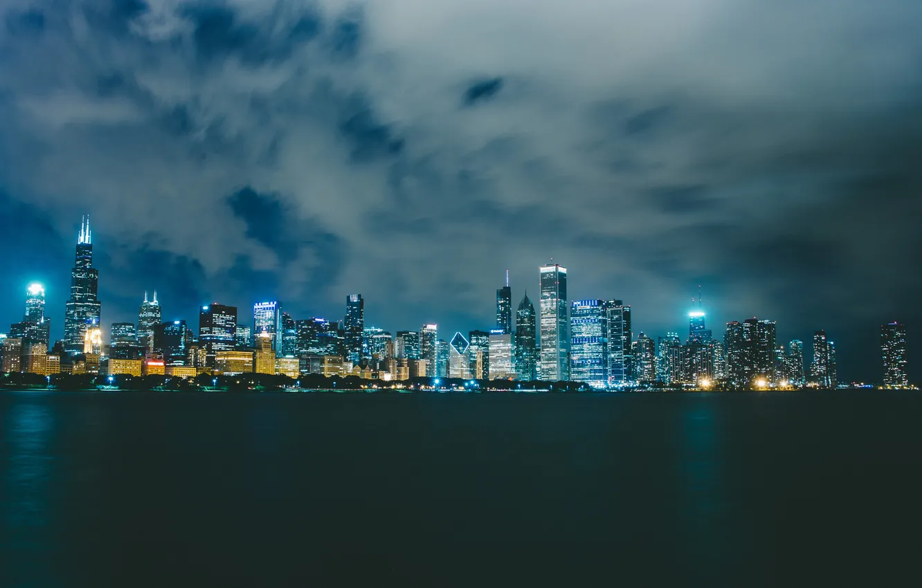 Фото обои Вечер, Чикаго, Небоскребы, USA, Chicago, skyline, nightscape