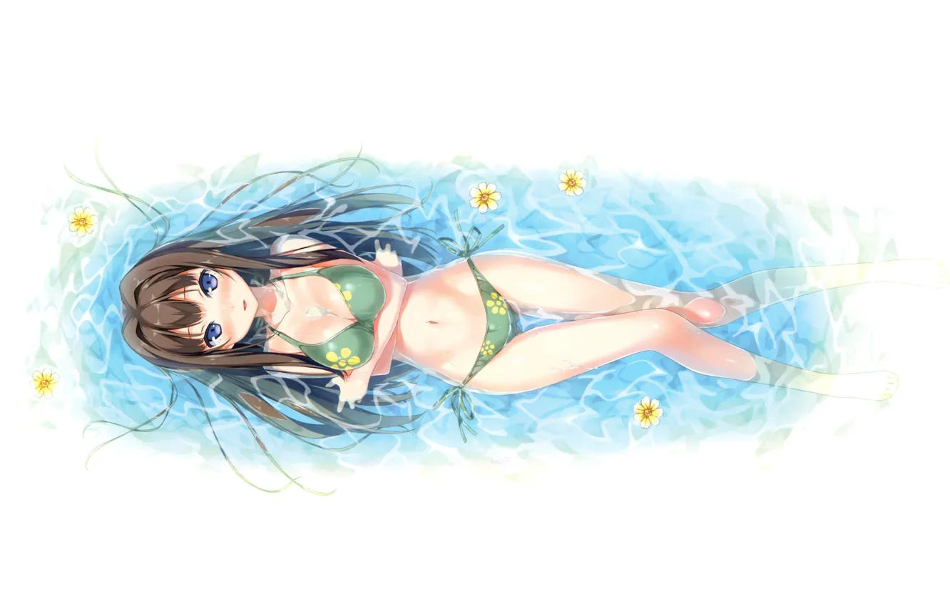 Фото обои бикини, цветочки, длинные волосы, смотрит вверх, Your Diary, visual novel, лежит в воде, sayuki ayase