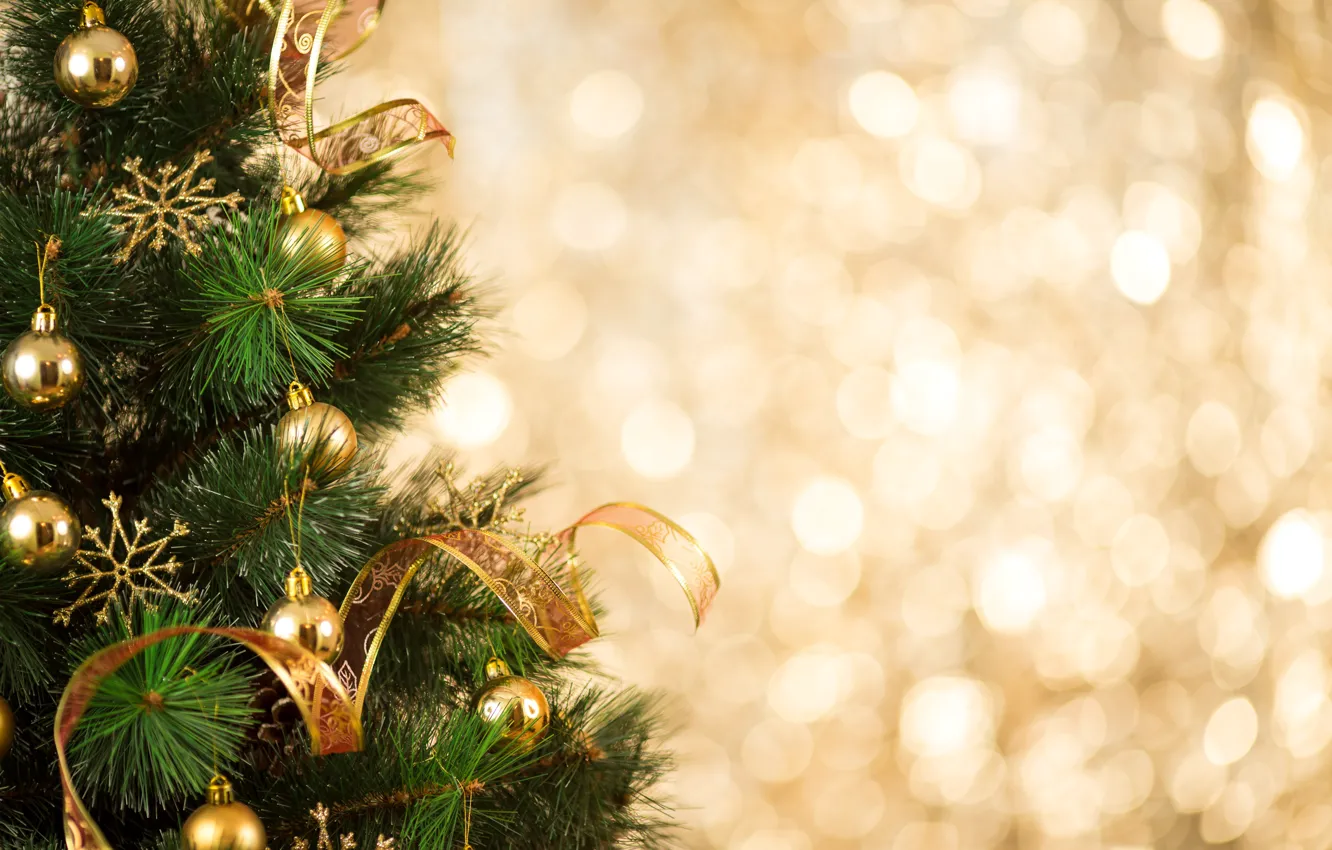 Фото обои украшения, шары, елка, Новый Год, Рождество, golden, happy, Christmas