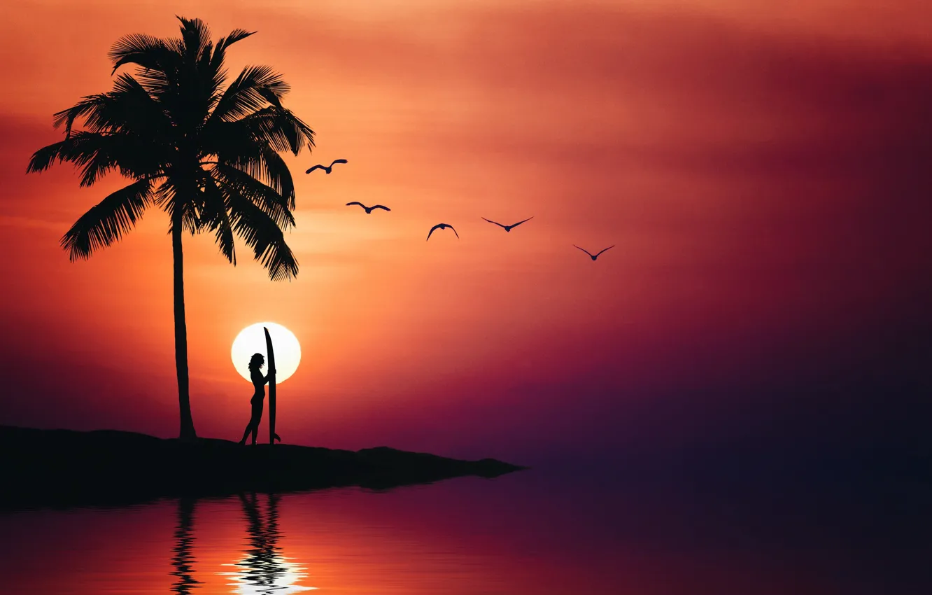 Фото обои море, лето, небо, девушка, птицы, пальма, силуэт