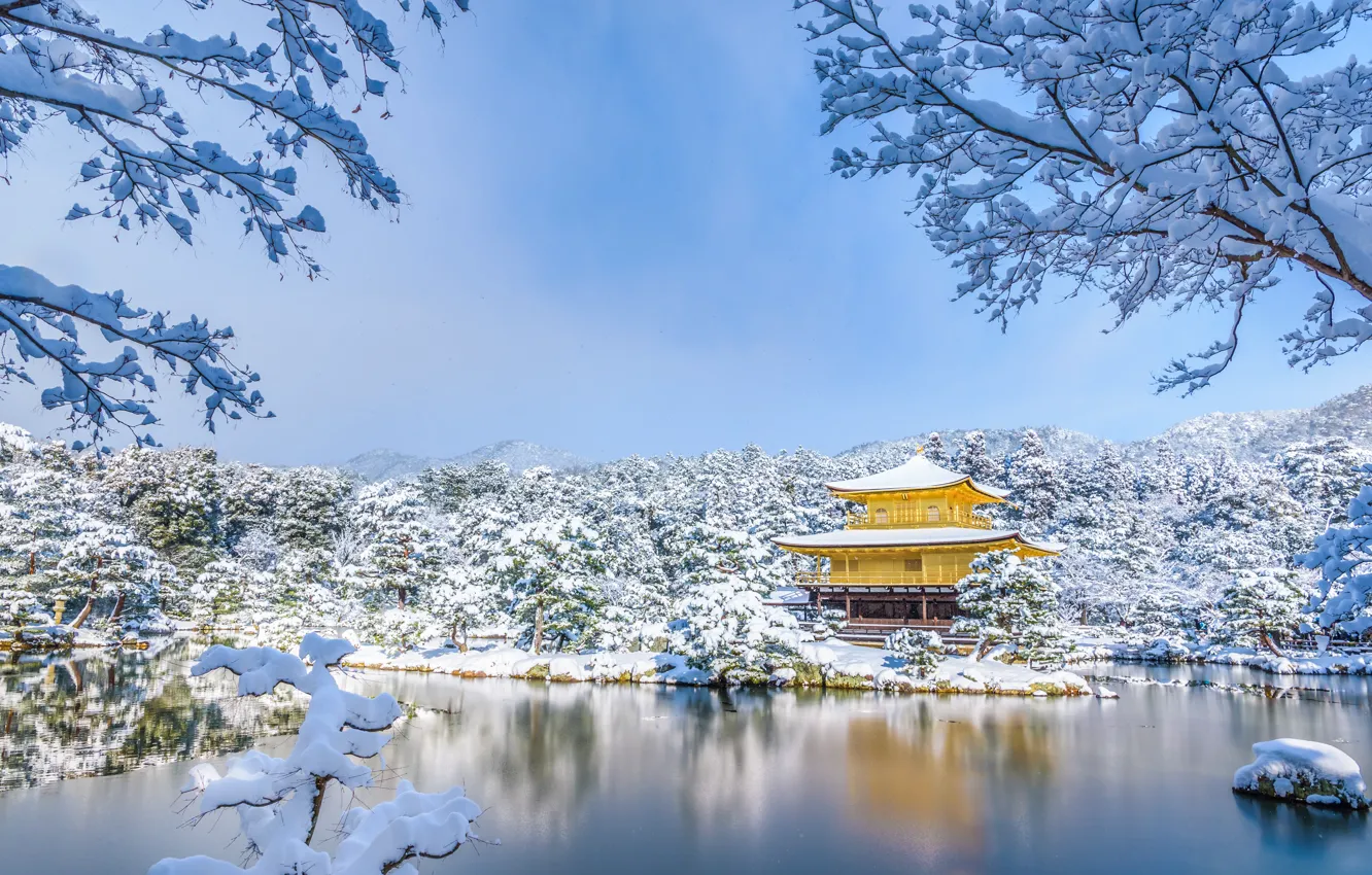 Фото обои зима, снег, деревья, пруд, парк, Япония, храм, Japan