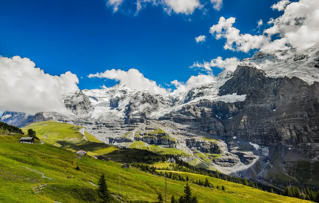 Фото обои небо, облака, деревья, горы, дома, склон