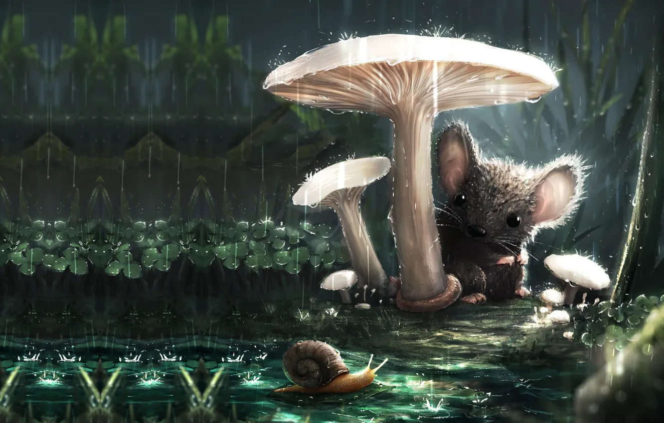 Фото обои дождик, лето, гриб, улитка, мышка, арт, друзья, детская