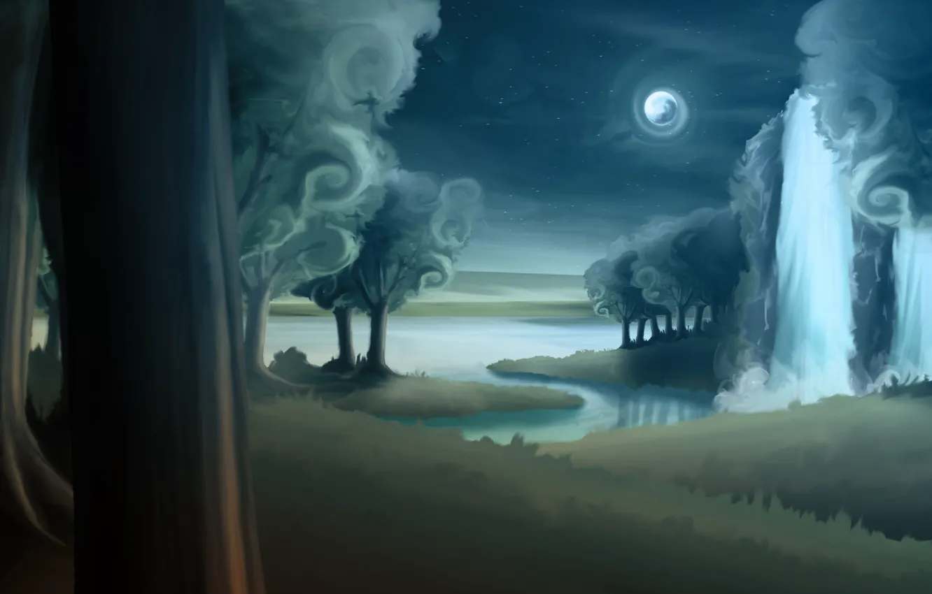 Фото обои лес, деревья, ночь, река, стволы, луна, водопад, арт