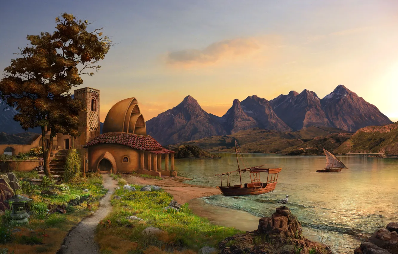 Фото обои горы, озеро, дом, парусник, корабли, арт, max antonov