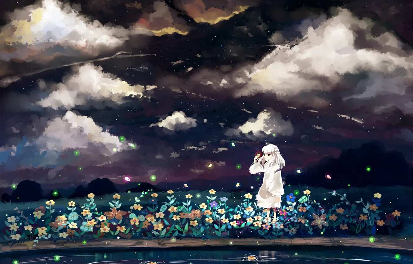 Фото обои небо, облака, цветы, ночь, светлячки, аниме, арт, девочка