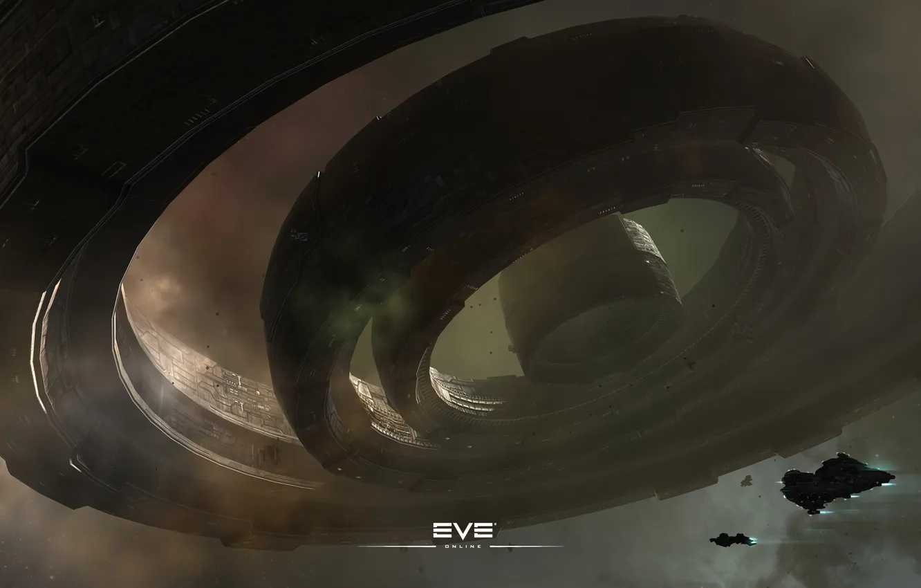 Фото обои космос, круги, корабли, станция, EVE Online