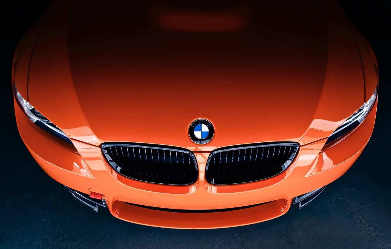 Фото обои оранжевый, значок, бмв, капот, BMW, front, E92, orange