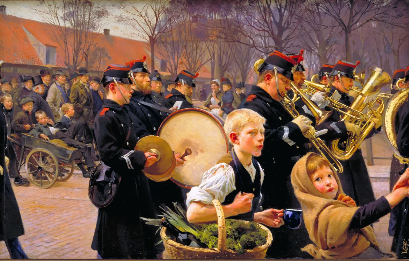 Фото обои Дети, Картина, Солдаты, Парад, Erik Ludvig Henningsen, Эрик Людвиг Хеннингсен, Гвардейский парад, Датский живописец