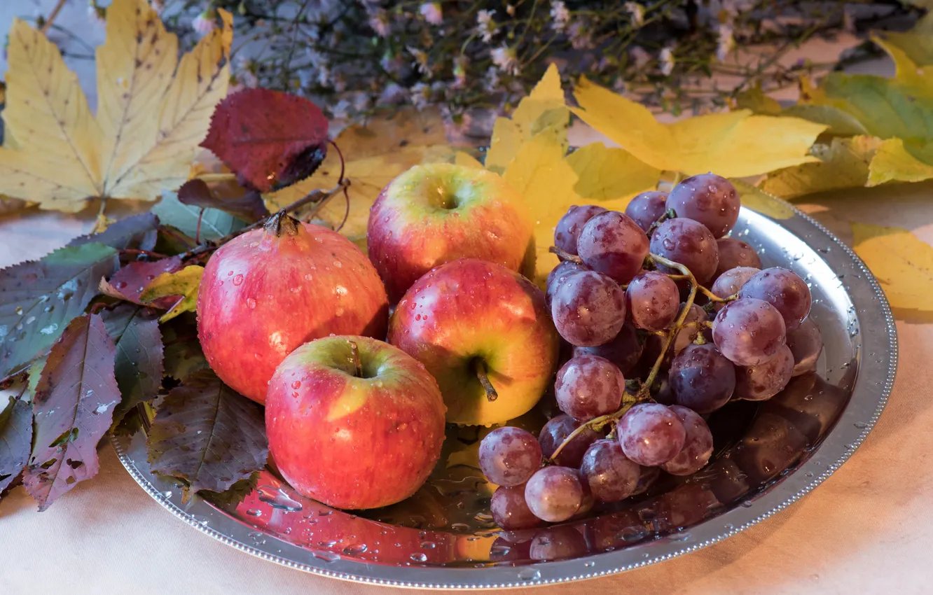 Фото обои листья, ягоды, яблоко, виноград, фрукты