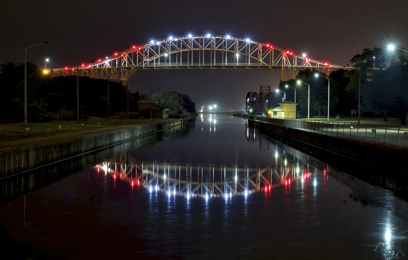 Фото обои ночь, мост, огни, река, Канада, Онтарио, Су-Сент-Мари