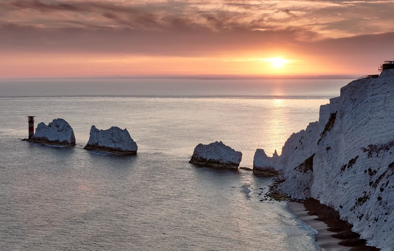 Фото обои море, закат, скалы, Англия, England, Остров Уайт, Isle of Wight, The Needles