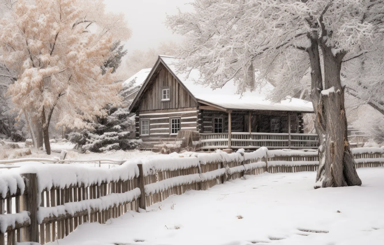 Фото обои зима, снег, деревня, домик, house, хижина, winter, snow