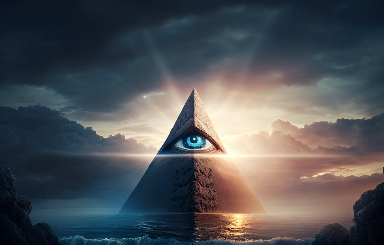 Фото обои глаза, облака, пирамида, Иллюминаты, AI искусство, Око Провидения