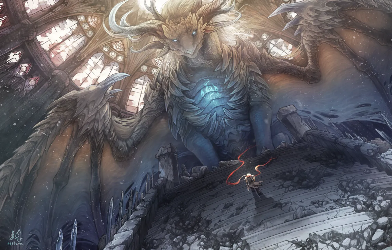 Фото обои дракон, крылья, шарф, воин, арт, ступеньки, мужчина, cporing