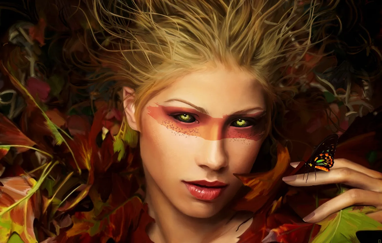 Фото обои осень, листья, девушка, лицо, бабочка, тату, арт, веснушки