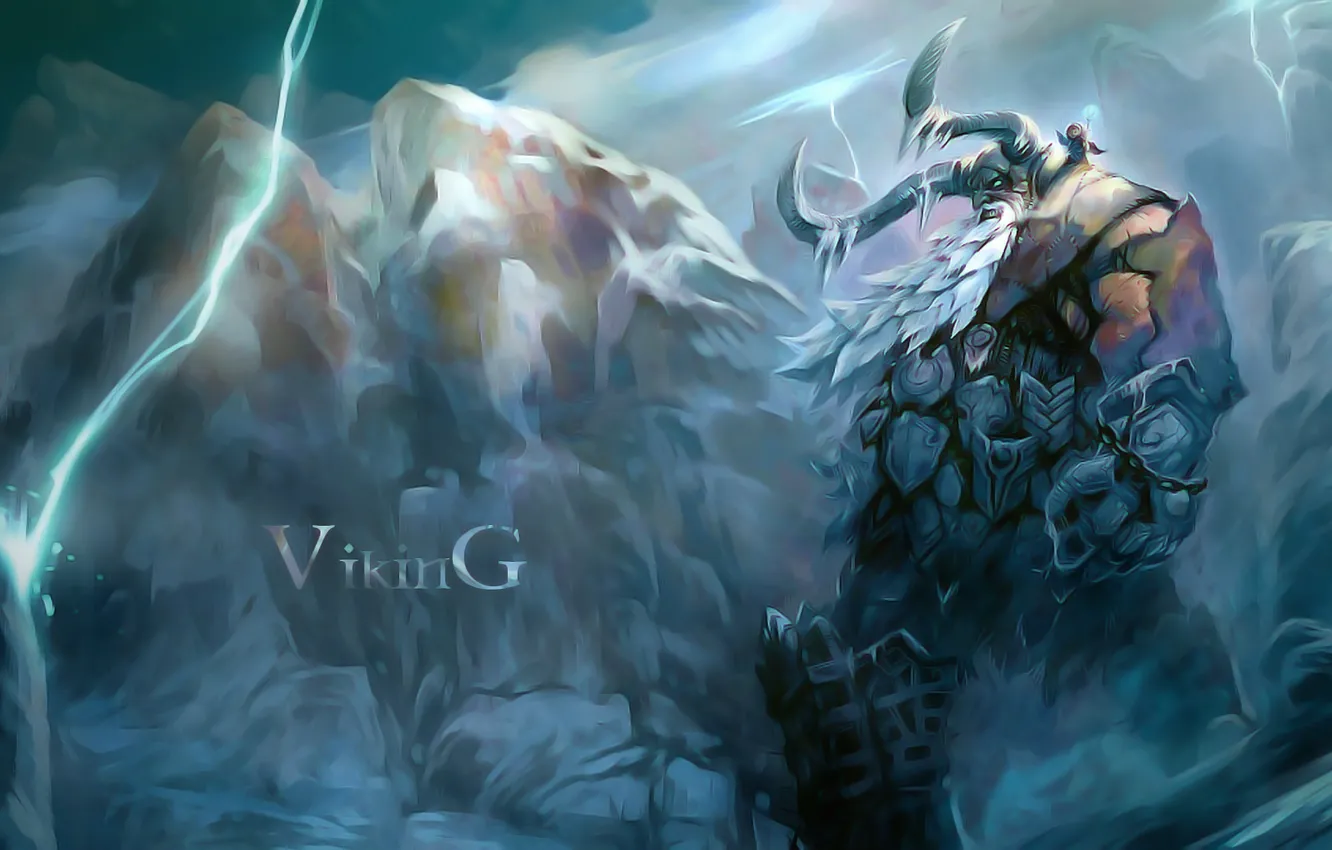 Фото обои снег, горы, молния, воин, арт, рога, Viking