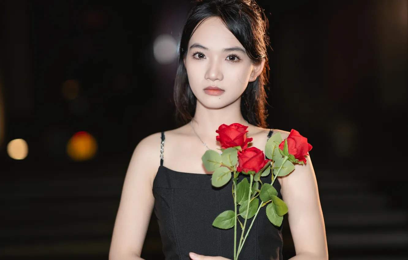 Фото обои Beautiful, Asian, Model, Flower, Rose, Night, Roses, Woman