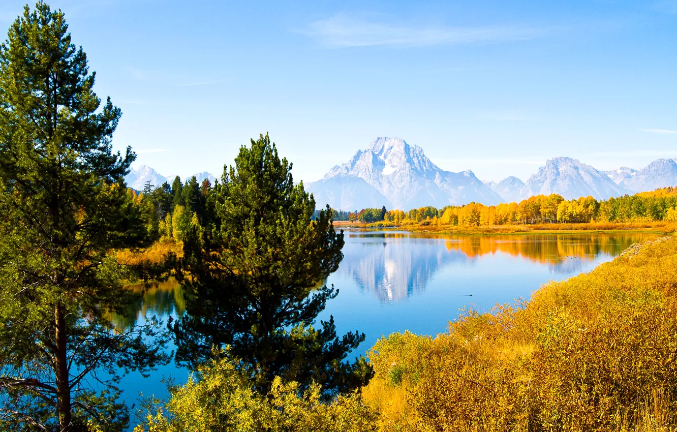 Фото обои осень, небо, облака, деревья, горы, озеро, сша, wyoming