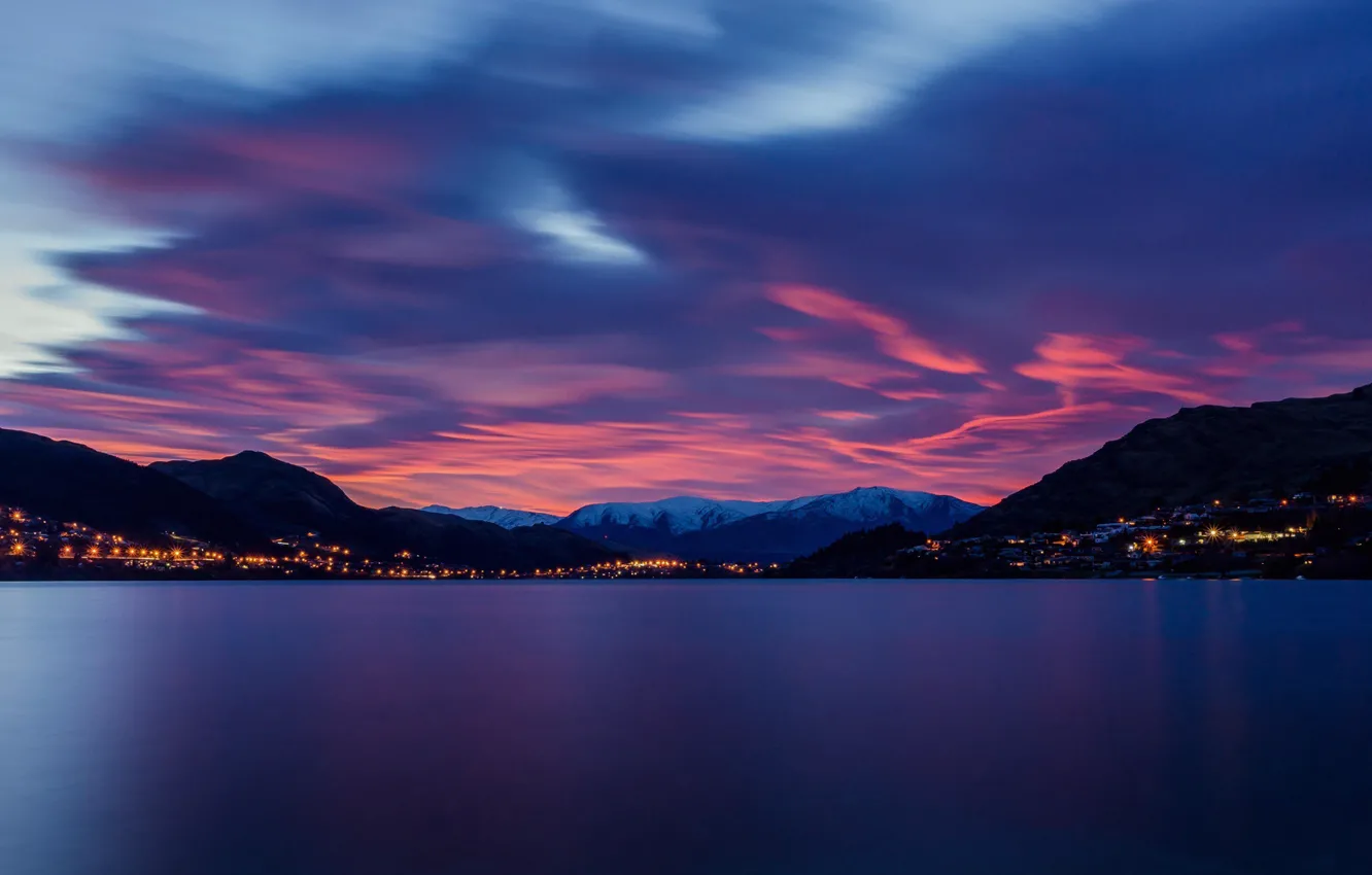 Фото обои city, lights, twilight, sky, landscape, sunset, water, mountains