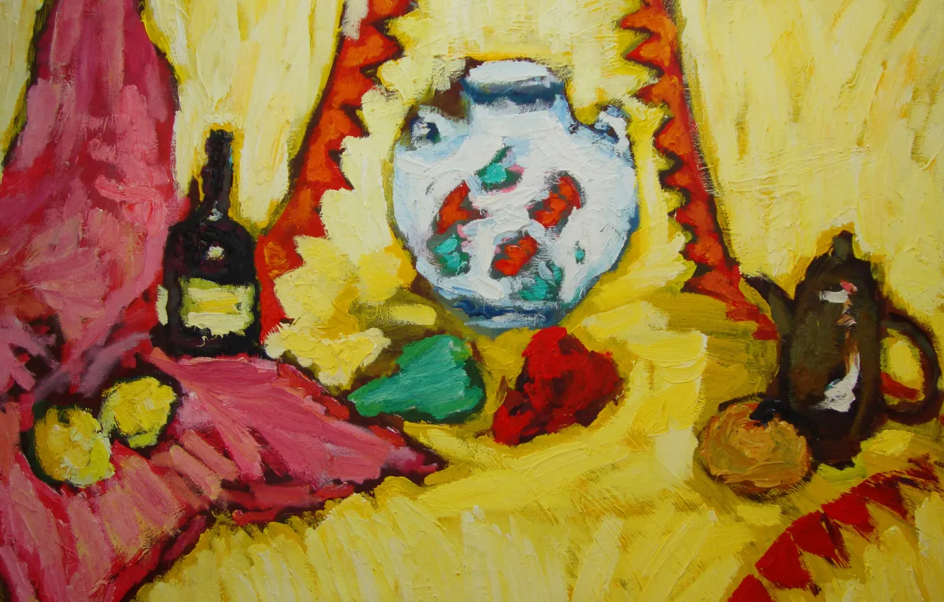 Фото обои яблоки, груша, перец, натюрморт, 2011, жёлтый фон, Петяев
