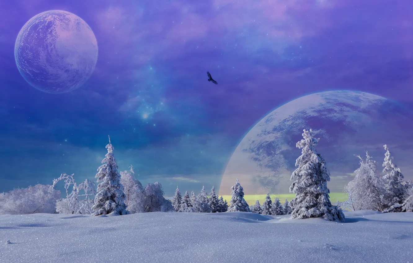 Фото обои Зима, Деревья, Снег, Планеты, Фантастика