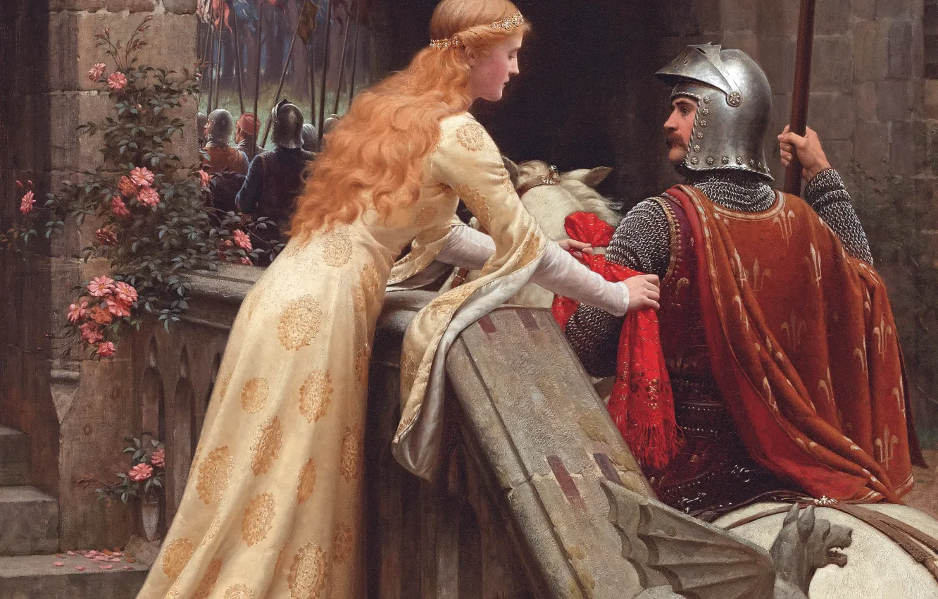 Фото обои девушка, замок, картина, прощание, girl, рыцарь, дева, Middle Ages