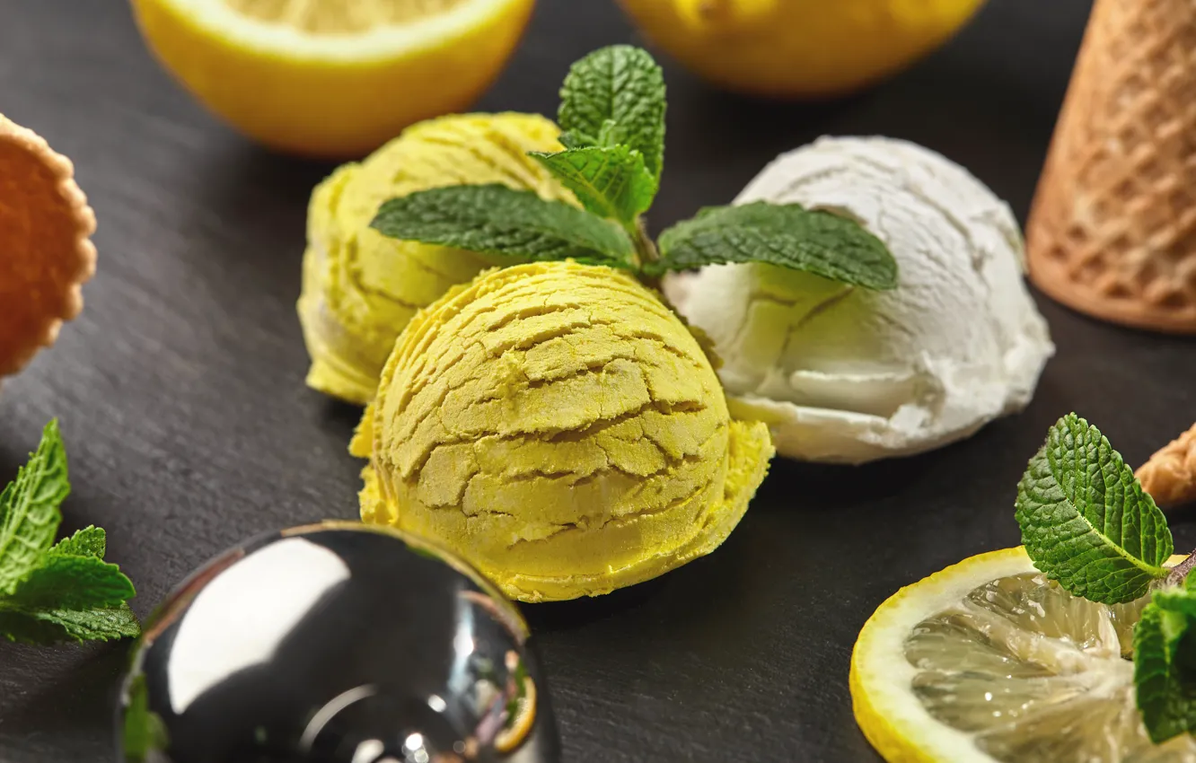 Фото обои шарики, лимон, мороженое, мята, десерт, лимонное