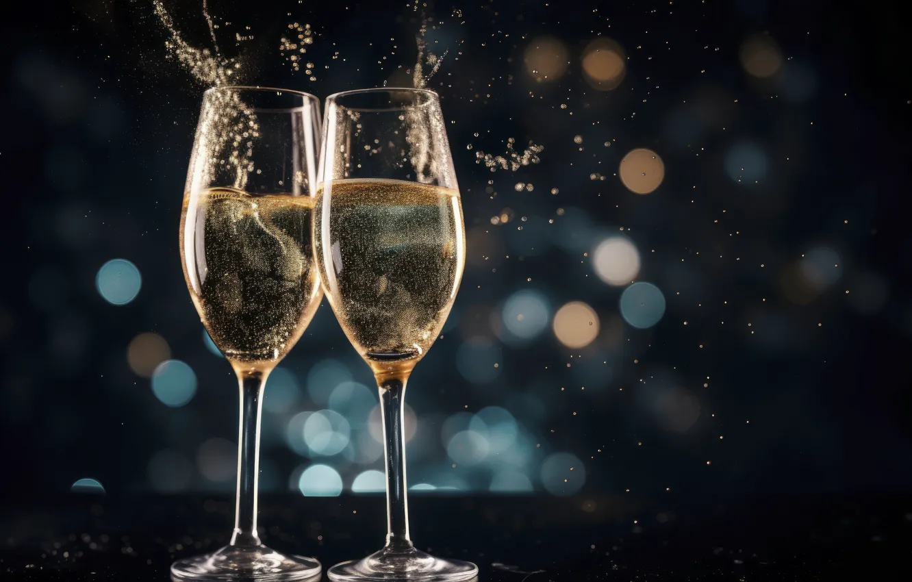 Фото обои брызги, Новый Год, бокалы, golden, new year, шампанское, happy, Christmas
