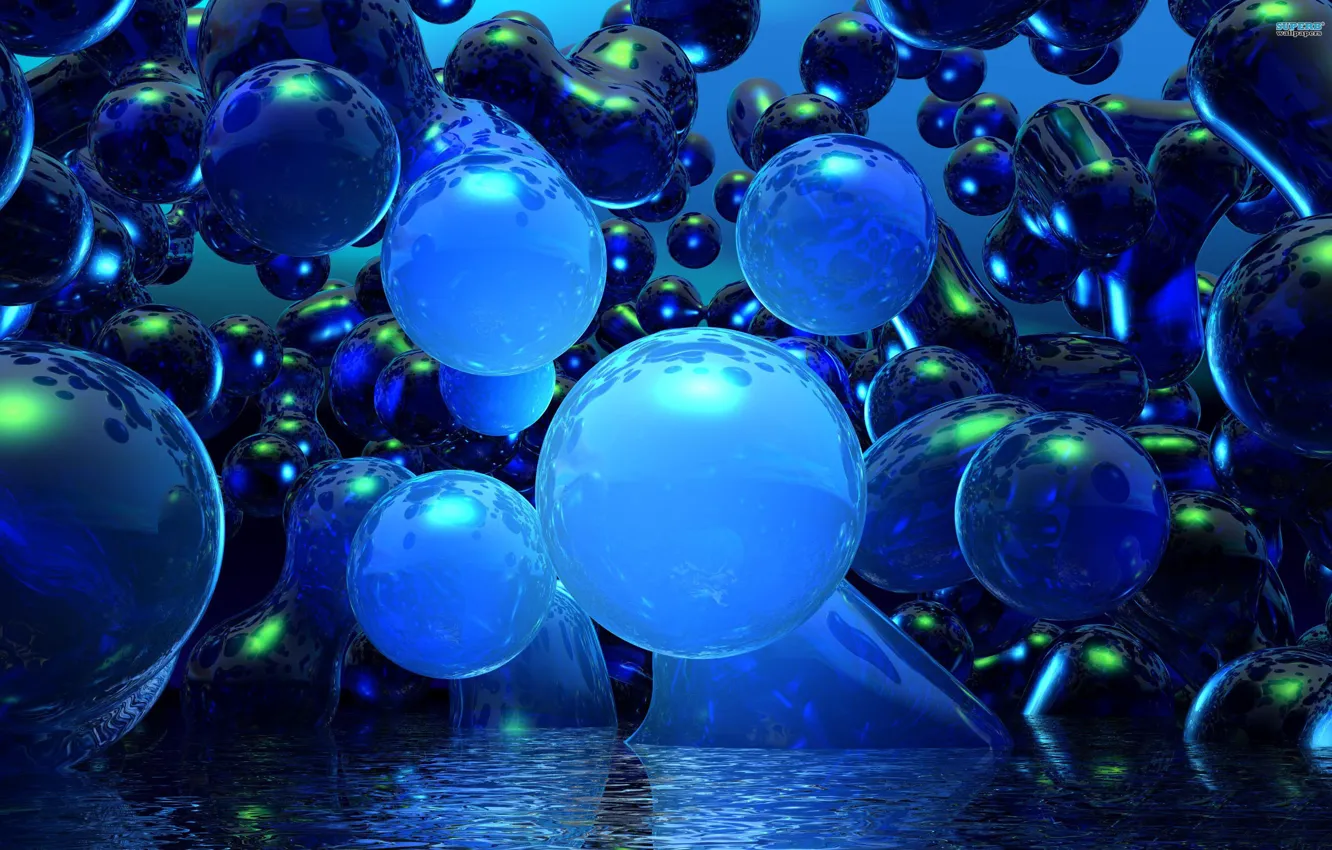 Фото обои вода, синий, голубой, шары, блеск, неон, рябь, blue