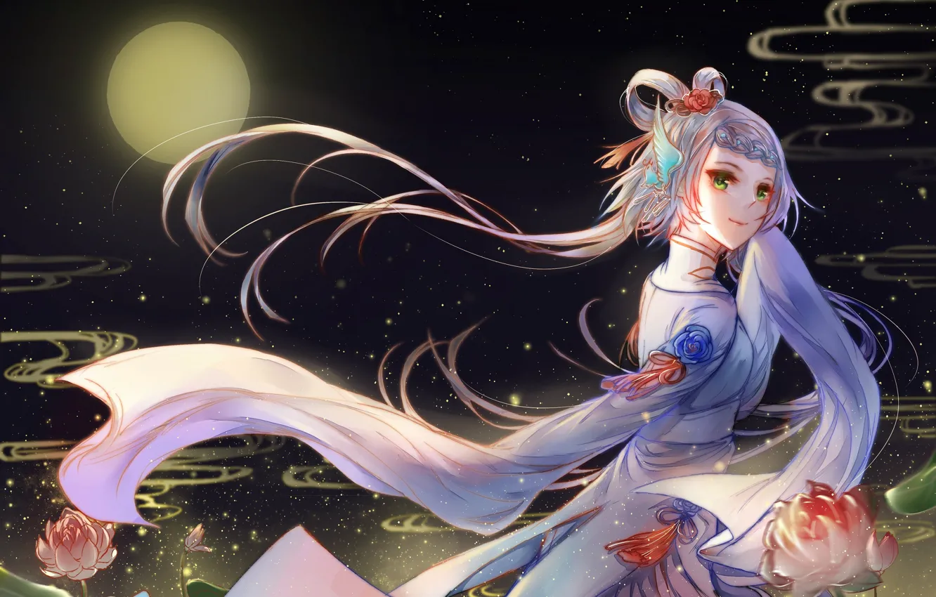 Фото обои девушка, цветы, ночь, луна, волосы, лотосы, Vocaloid, Вокалоид