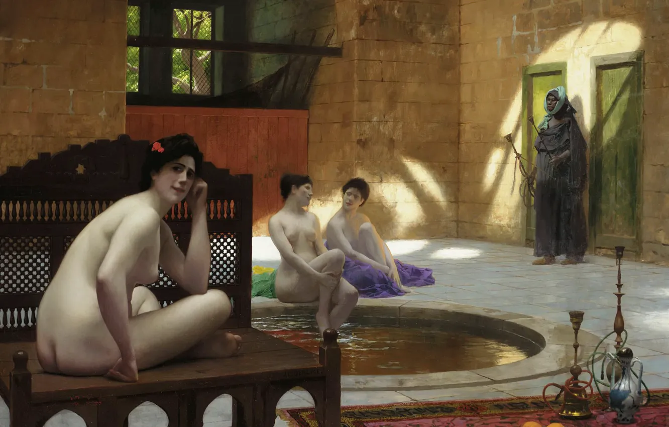 Фото обои эротика, интерьер, картина, Жан-Леон Жером, Женщины в Турецкой Бане