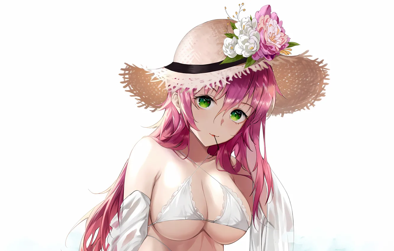 Фото обои girl, sexy, cleavage, pink hair, green eyes, long hair, hat, boobs