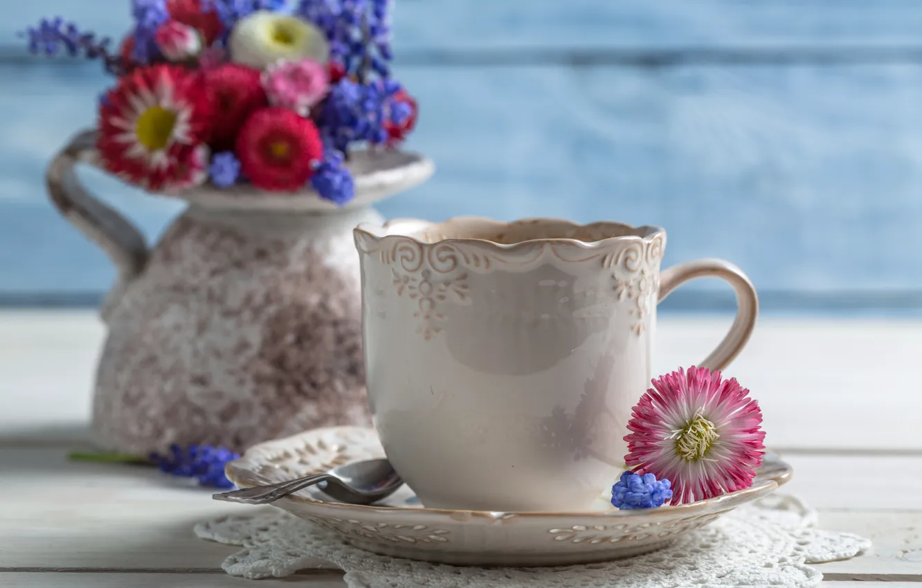 Фото обои цветы, кофе, чашки