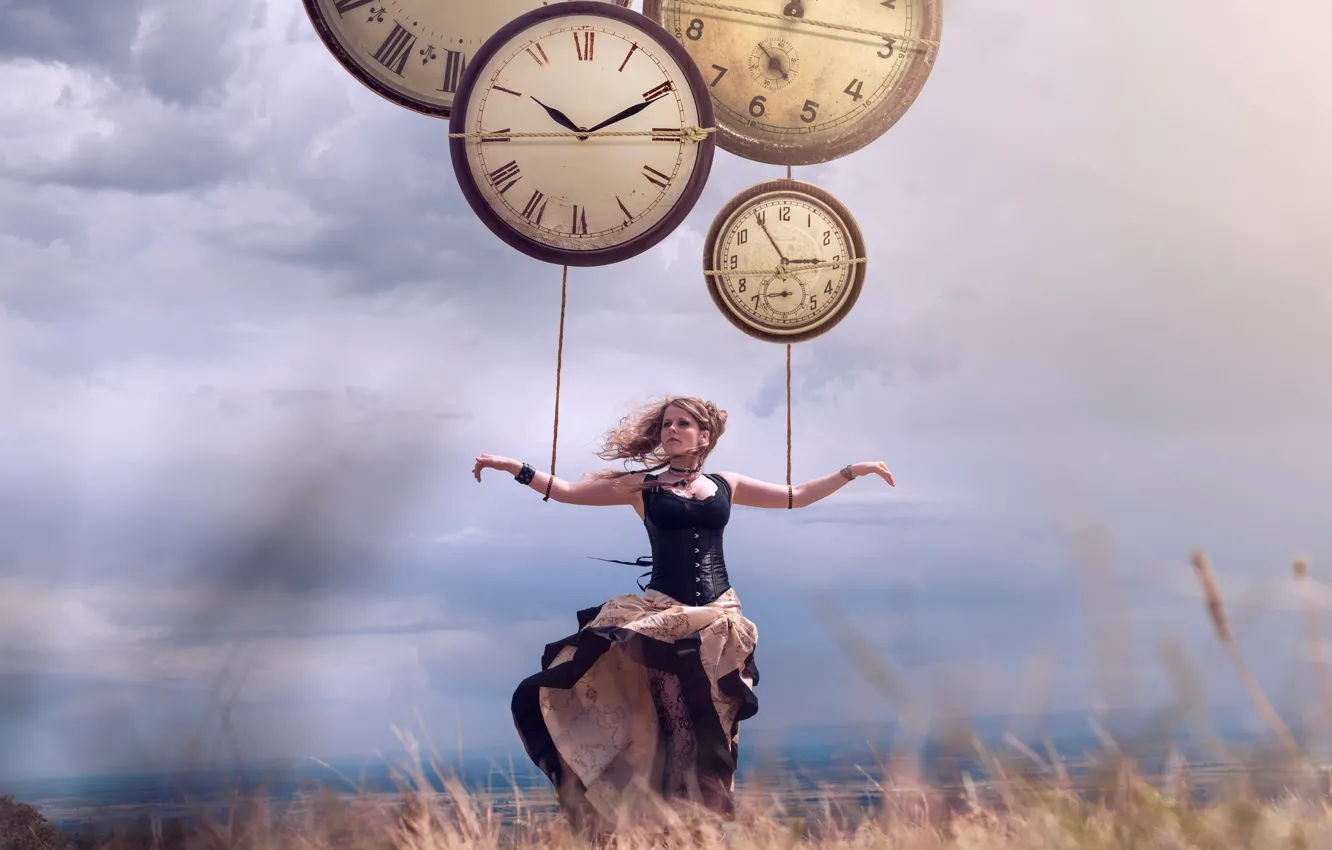 Фото обои девушка, ветер, часы, Vincent Bourilhon, Holding by the time