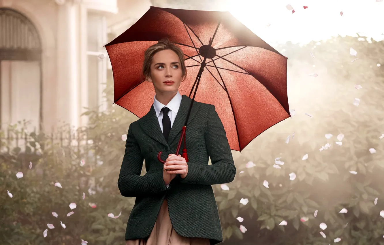 Фото обои зонт, Эмили Блант, Emily Blunt, Mary Poppins Returns, Мэри Поппинс возвращается, Мэри Поппинс