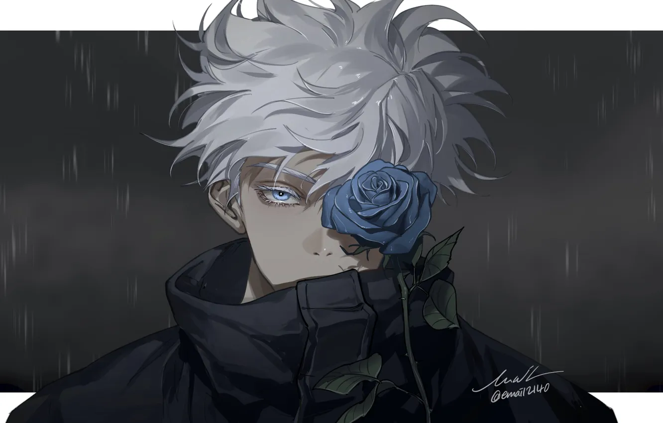 Фото обои дождь, роза, парень, Jujutsu Kaisen, Satoru Gojou