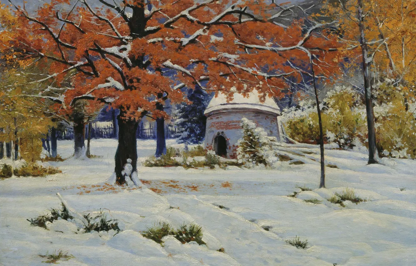 Фото обои пейзаж, масло, картина, холст, Константин Крыжицкий, Ранний Снег