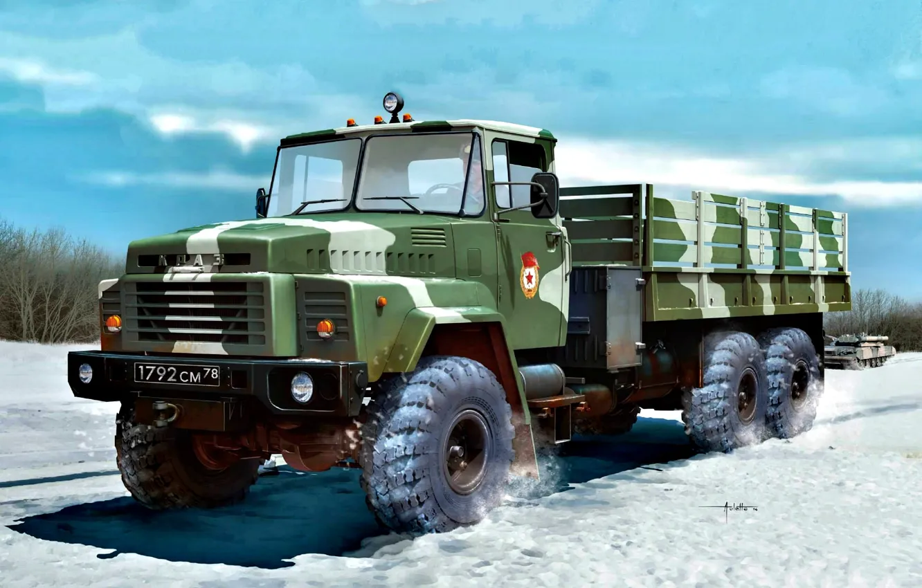 Фото обои Снег, военного назначения, повышенной проходимости, грузовой автомобиль, КрАЗ-260, КрАЗ, Трёхосный