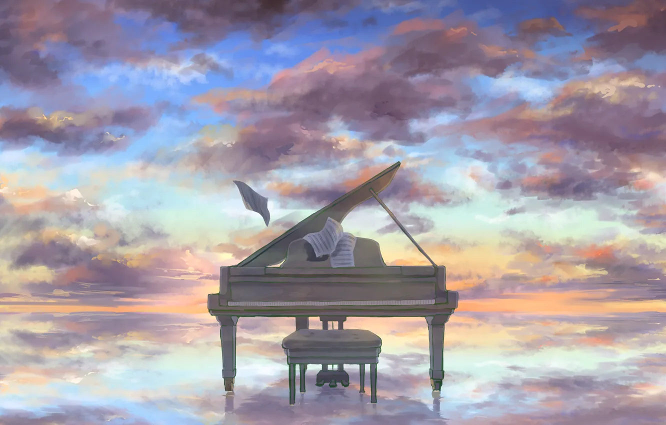 Фото обои небо, вода, облака, пианино