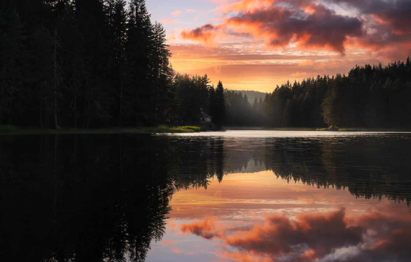 Фото обои Природа, Красота, Nature, Clouds, Sunset, Peaceful, Lake, Forest