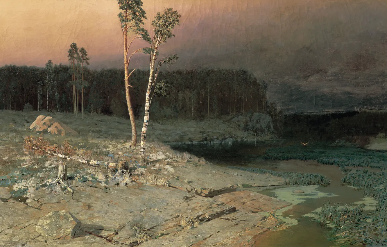 Фото обои лес, деревья, река, масло, холст, 1873, На острове Валааме, Архип КУИНДЖИ