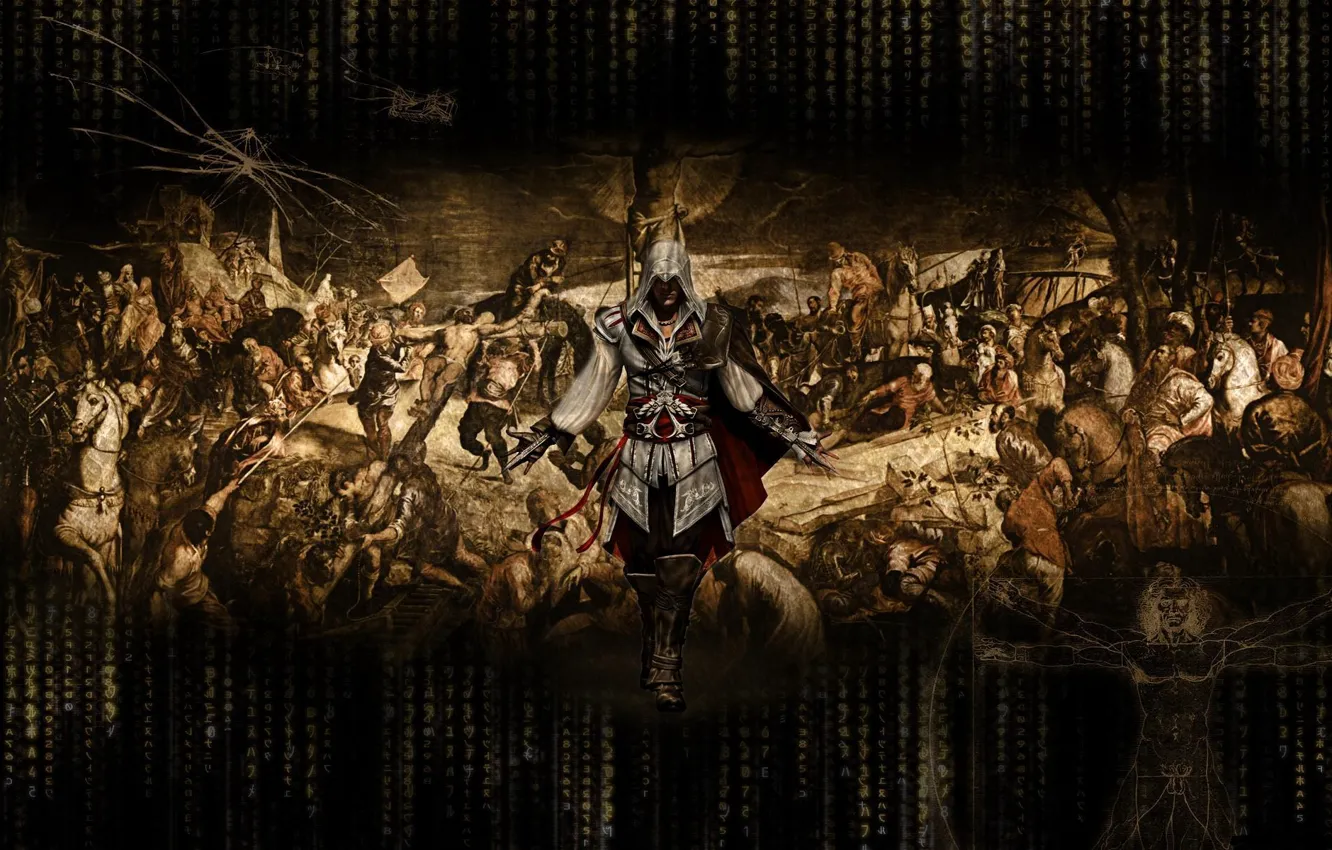 Фото обои картина, assassins creed, чертежи, убийца