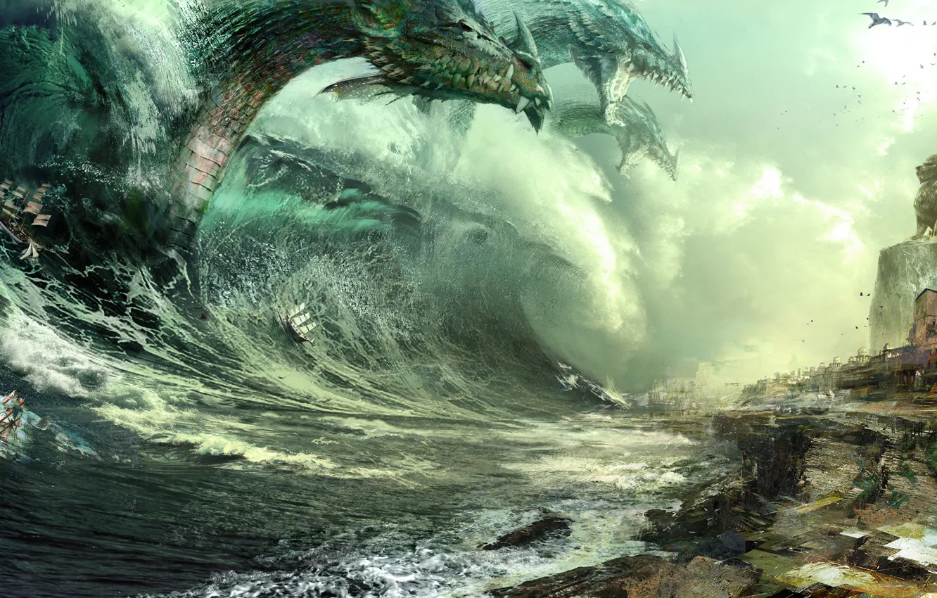 Фото обои Море, Дракон, Берег, Волна, Корабли, Арт, Guild Wars 2, Драконы