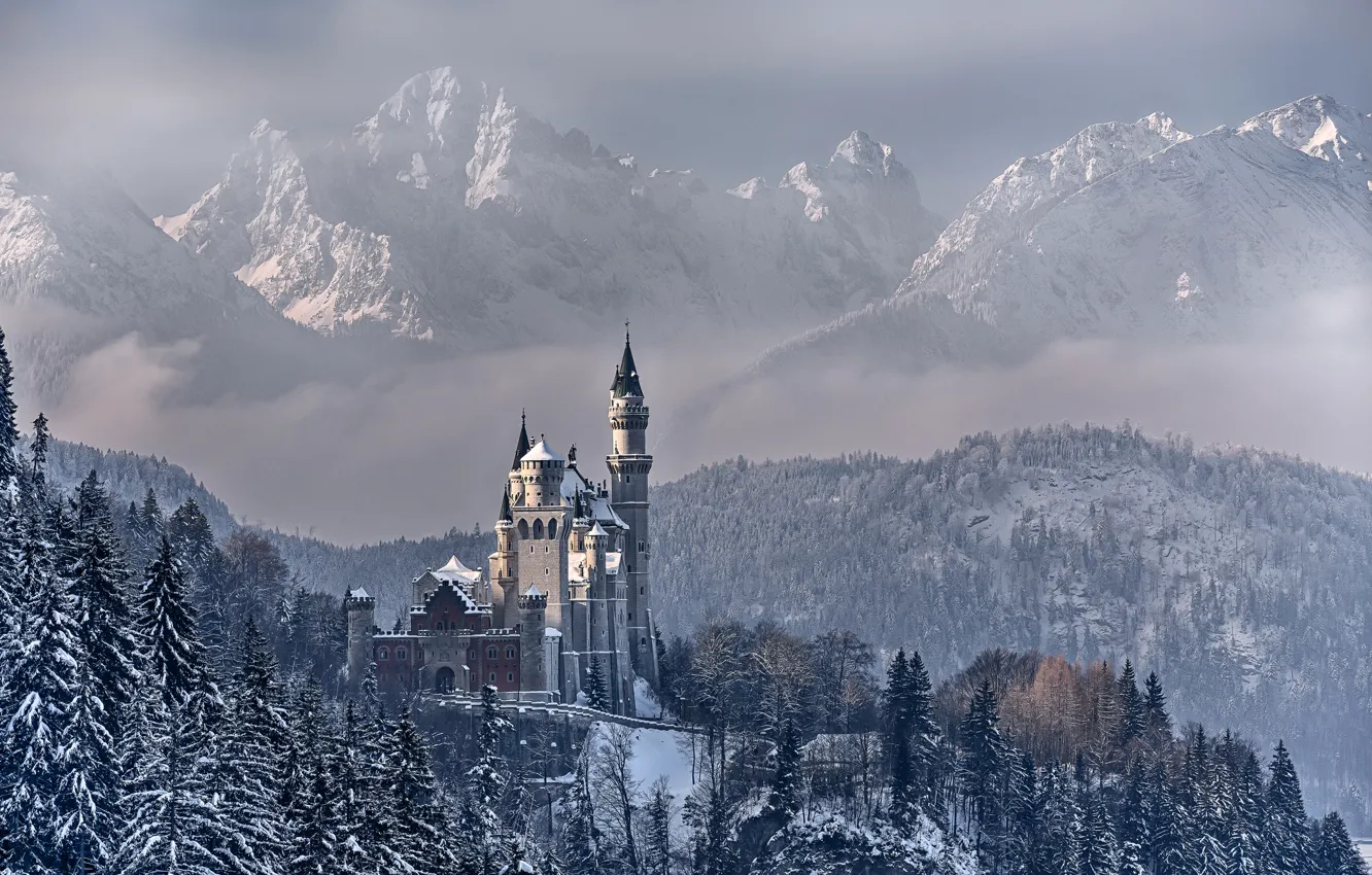 Фото обои зима, небо, облака, снег, деревья, горы, Германия, Бавария