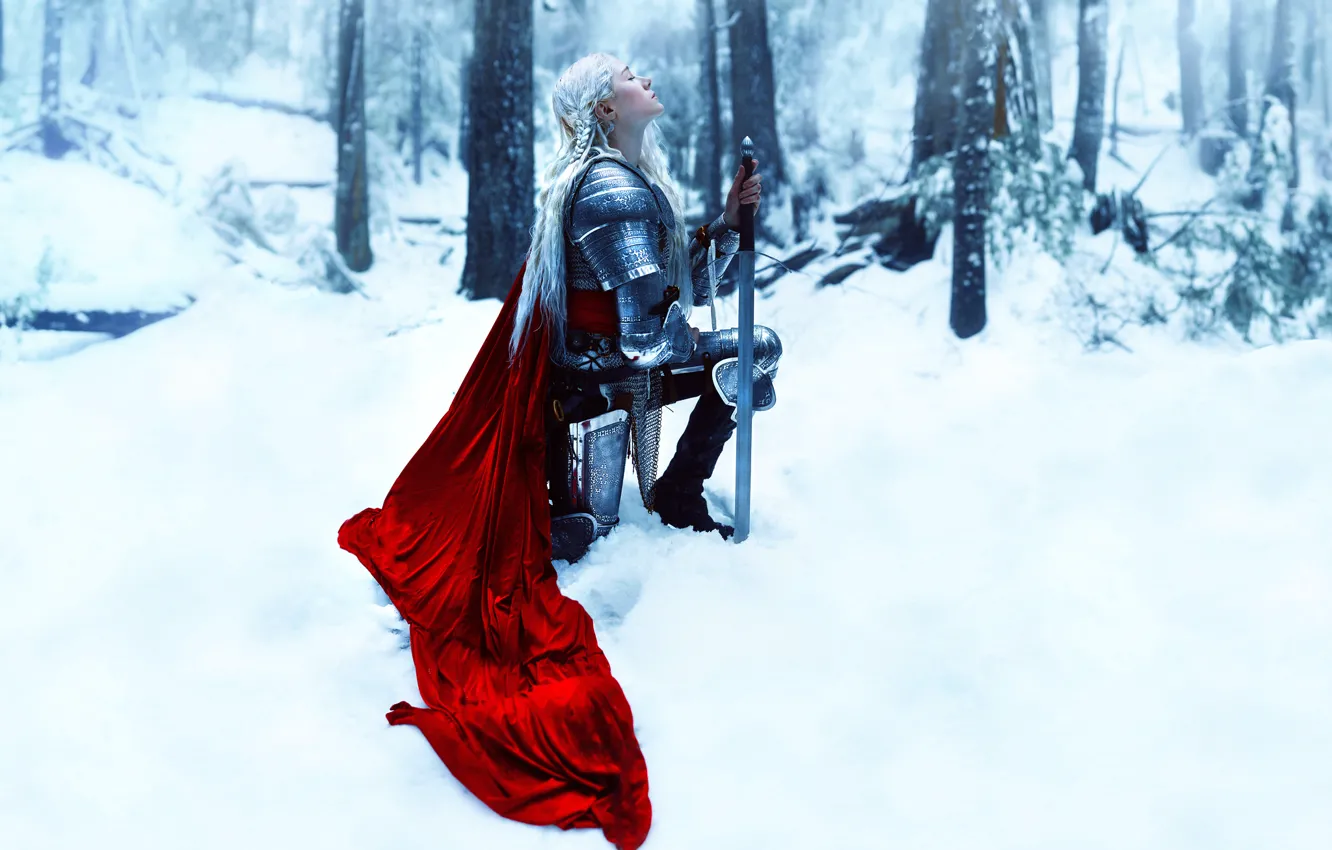 Фото обои девушка, снег, меч, доспехи, Kindra Nikole, Nimiane