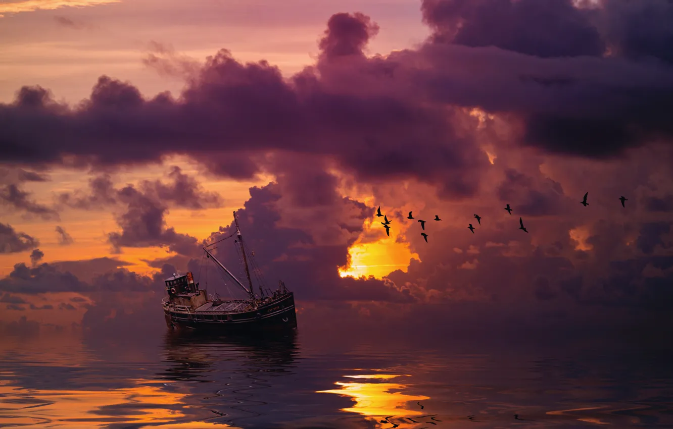 Фото обои море, небо, облака, закат, птицы, тучи, рендеринг, лодка