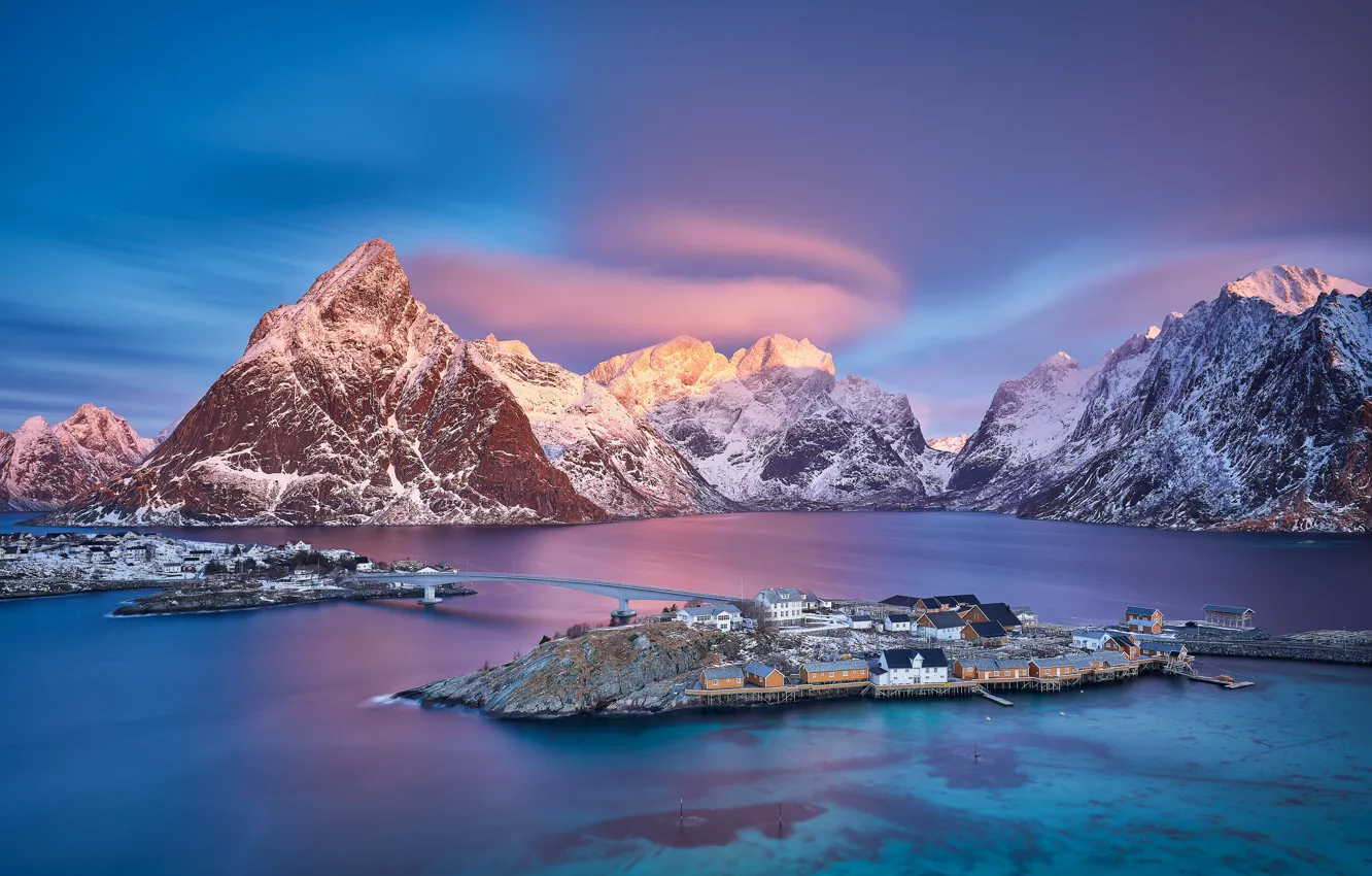 Фото обои свет, природа, Норвегия, поселок, Лофотенские острова