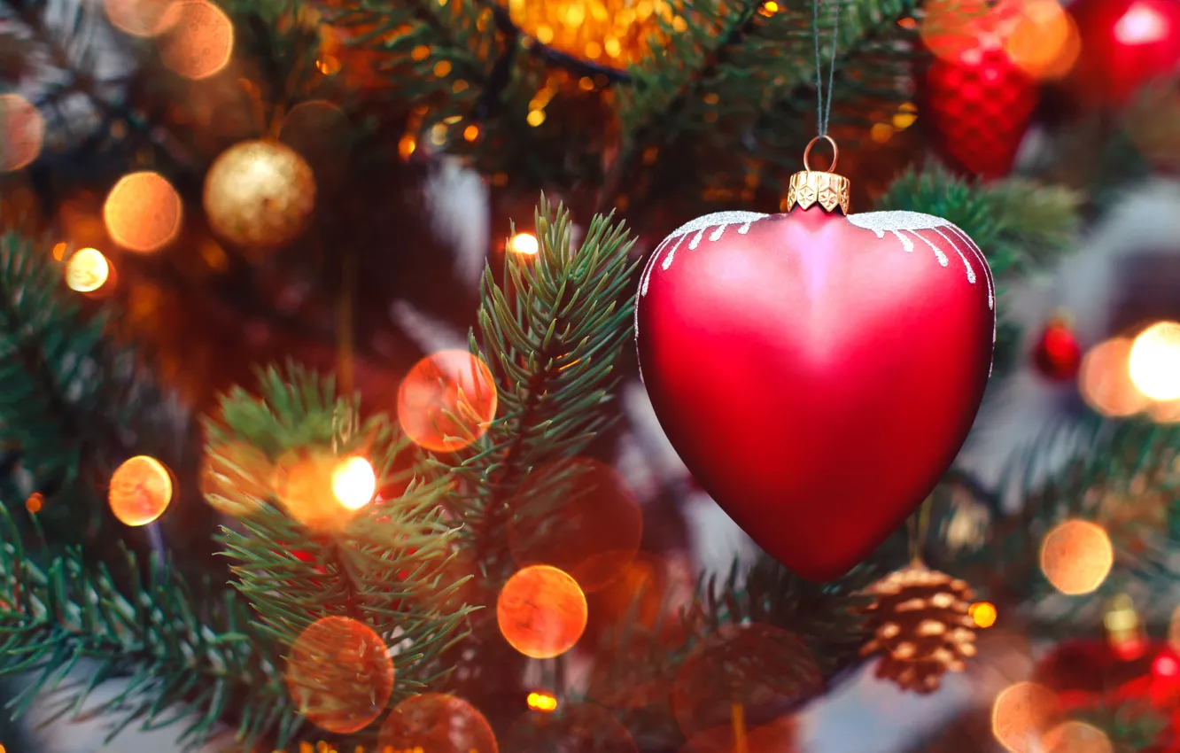 Фото обои украшения, lights, огни, сердце, елка, Новый Год, Рождество, гирлянда